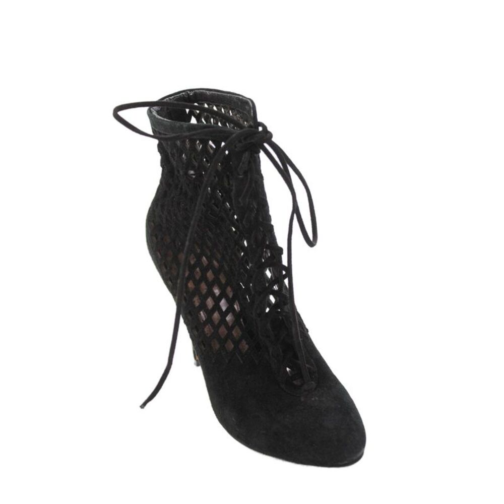 Alaia Womens Stiletto Lace Up Laser Cut Pointed Booties Black Suede Size 37